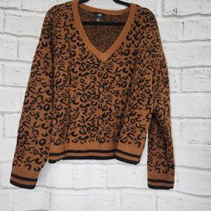 Line Womens Brown Leopard Print Thick Pullover Long Sleeve Sweater Brown Medium